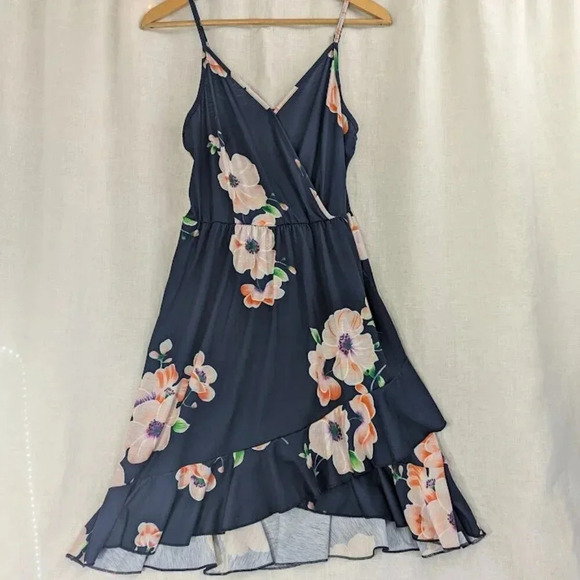 none Dresses & Skirts - Navy floral, ruffle tank midi summer dress womens size large   D10